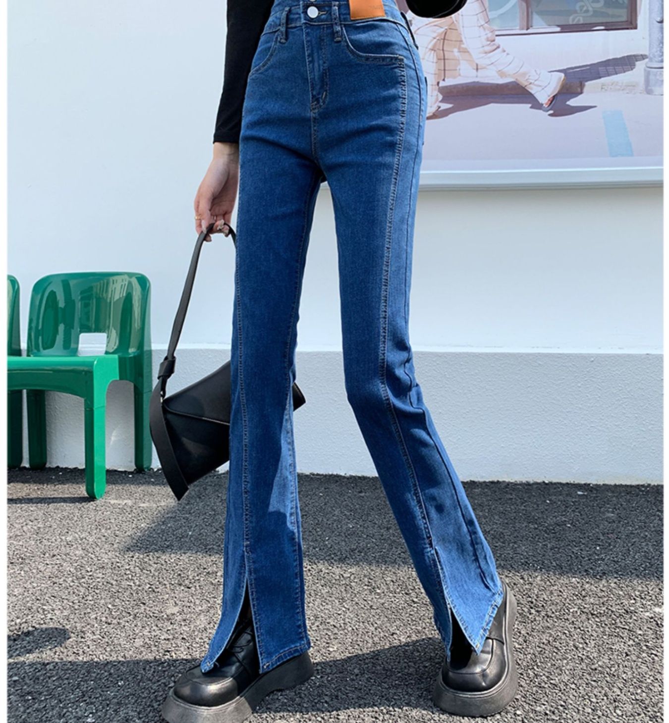 フレアパンツ スリット入り美脚フレアデニム