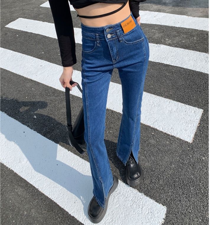 フレアパンツ スリット入り美脚フレアデニム
