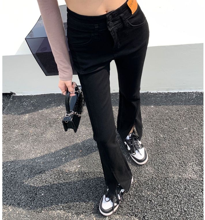 フレアパンツ スリット入り美脚フレアデニム