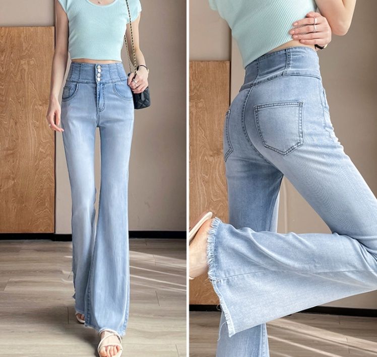 フレアパンツ 毛辺裾広がりデニム美脚パンツ