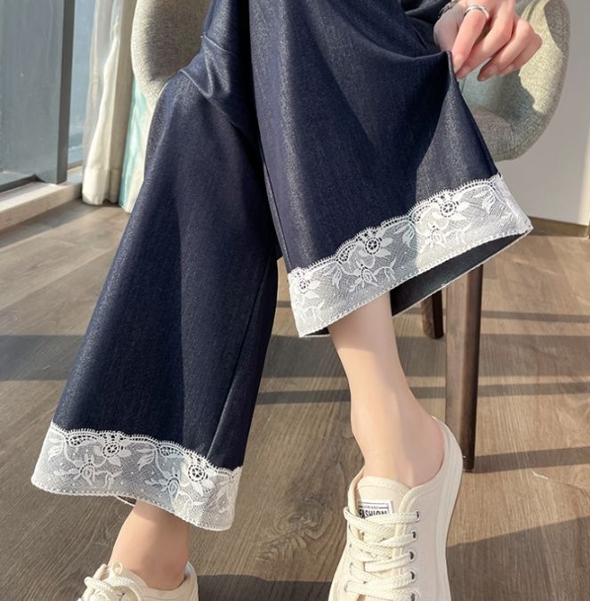 フレアパンツ レース裾飾りワイドフレアパンツ