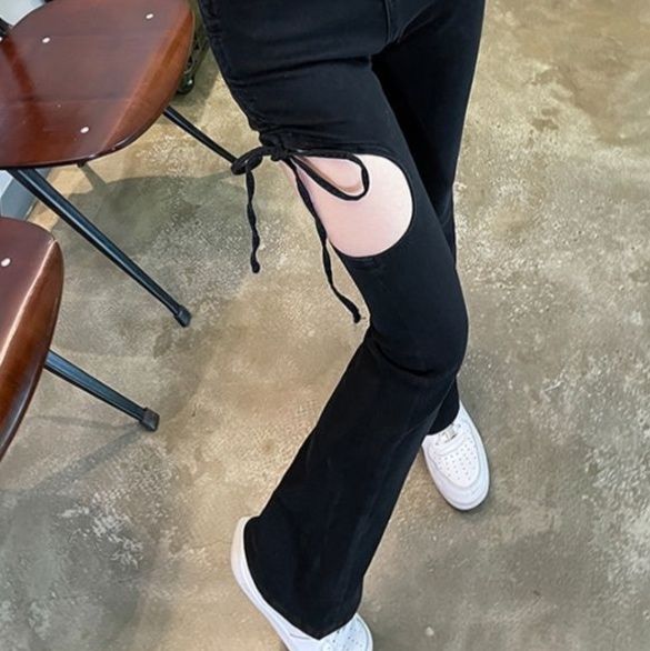 フレアパンツ ひもあしらいデザインフレアデニム