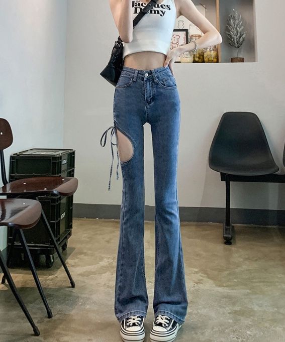 フレアパンツ ひもあしらいデザインフレアデニム