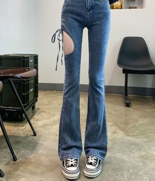 フレアパンツ ひもあしらいデザインフレアデニム