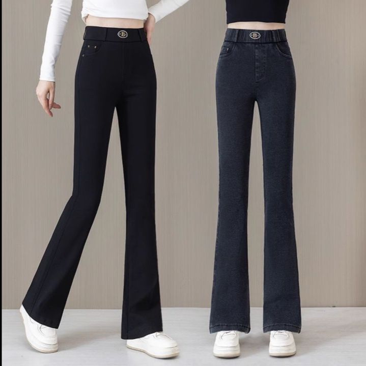 フレアパンツ ハイウエスト飾りバックルフレアデニム