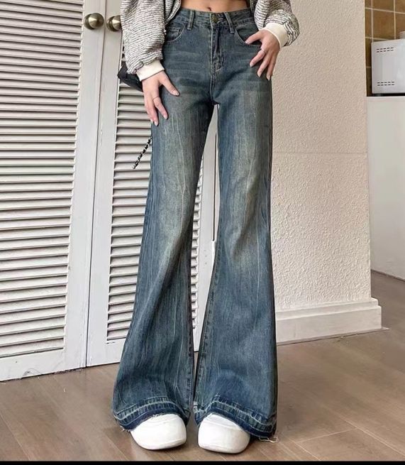 フレアパンツ レトロ風ウォッシュ加工フレアデニム