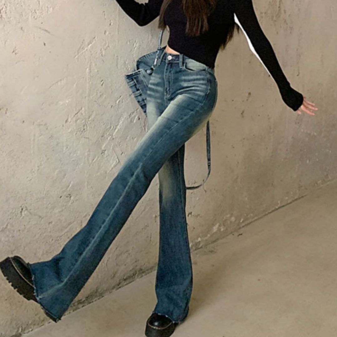 フレアパンツ レトロ風ハイウエストフレアデニム