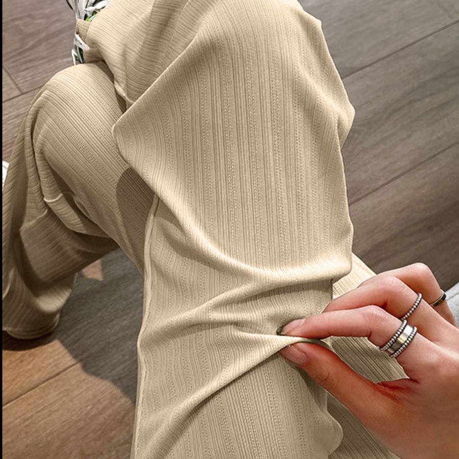 リブ素材 美脚セミフレアパンツ レディース