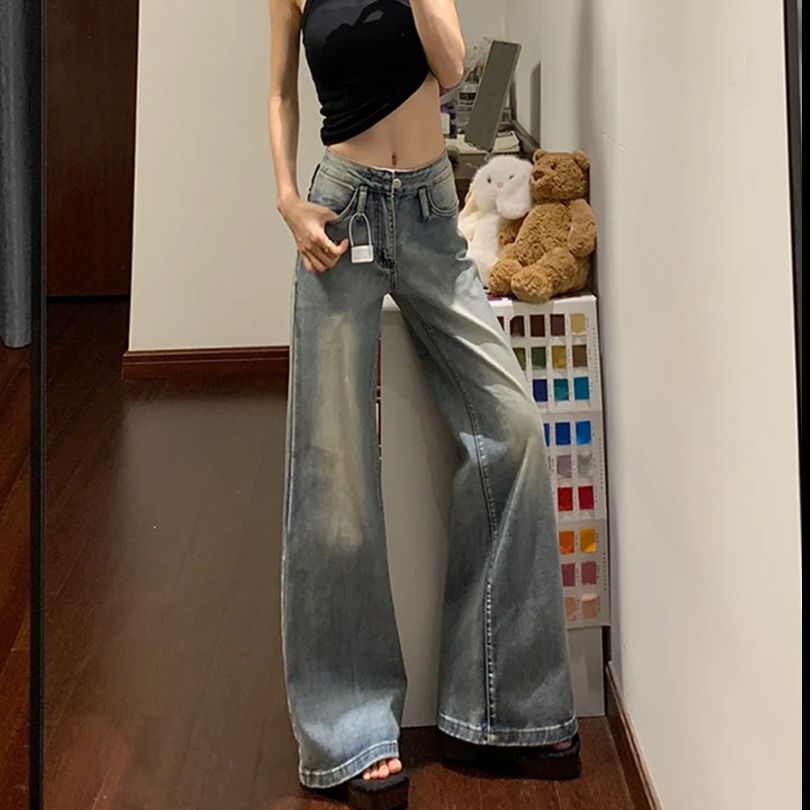 フレアパンツ ヴィンテージ風ワイドフレア美脚デニムパンツ