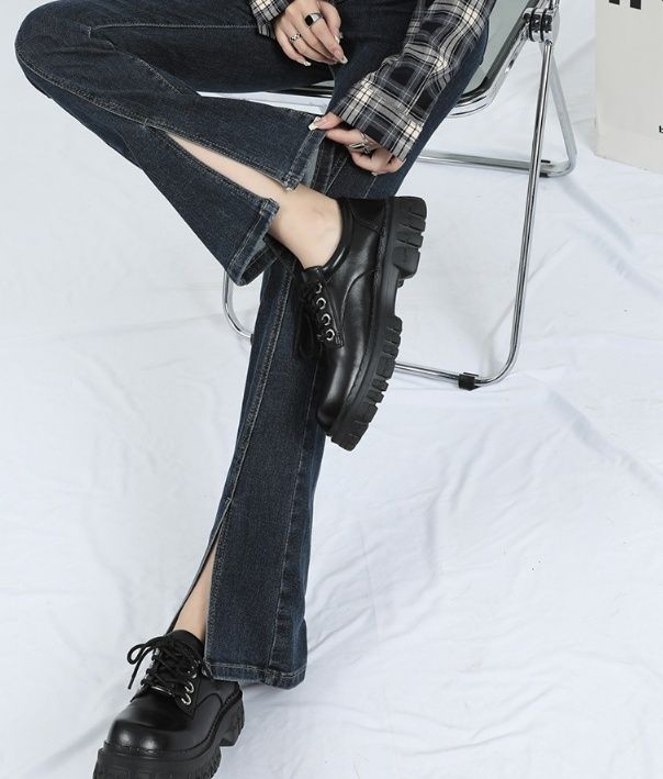 フレアパンツ 復古風高腰裾開きフレア美脚デニムパンツ