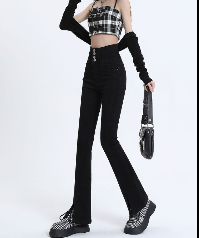 フレアパンツ 高腰スリット入りフレア裾デニムパンツ