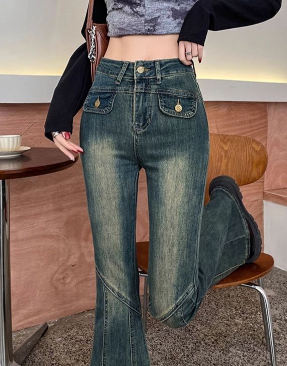 フレアパンツ 美脚効果抜群ハイウエストフレアデニムパンツ