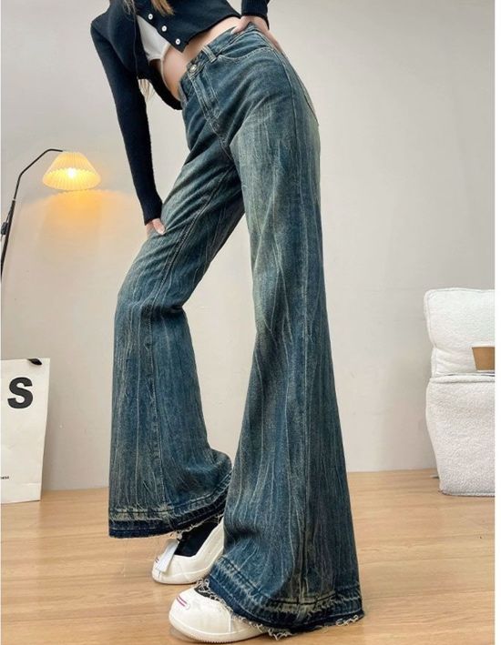フレアパンツ ヴィンテージ風ワイドフレア長丈デニムパンツ