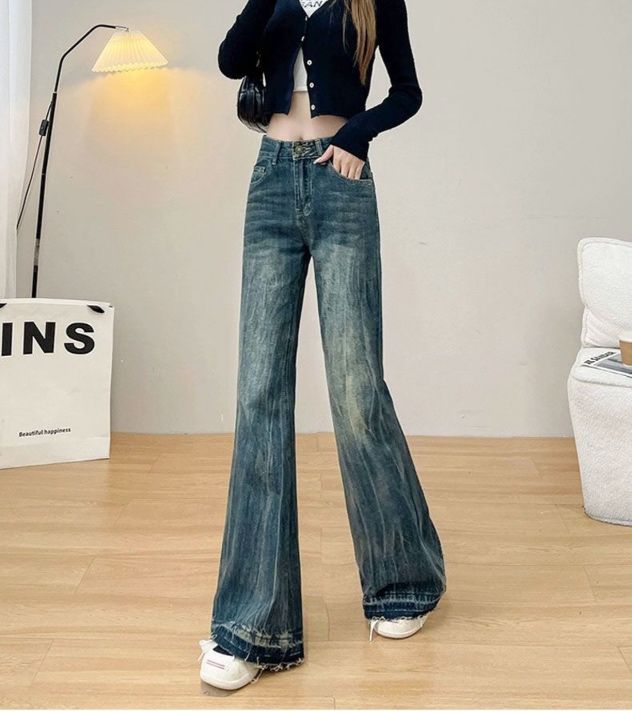 フレアパンツ ヴィンテージ風ワイドフレア長丈デニムパンツ