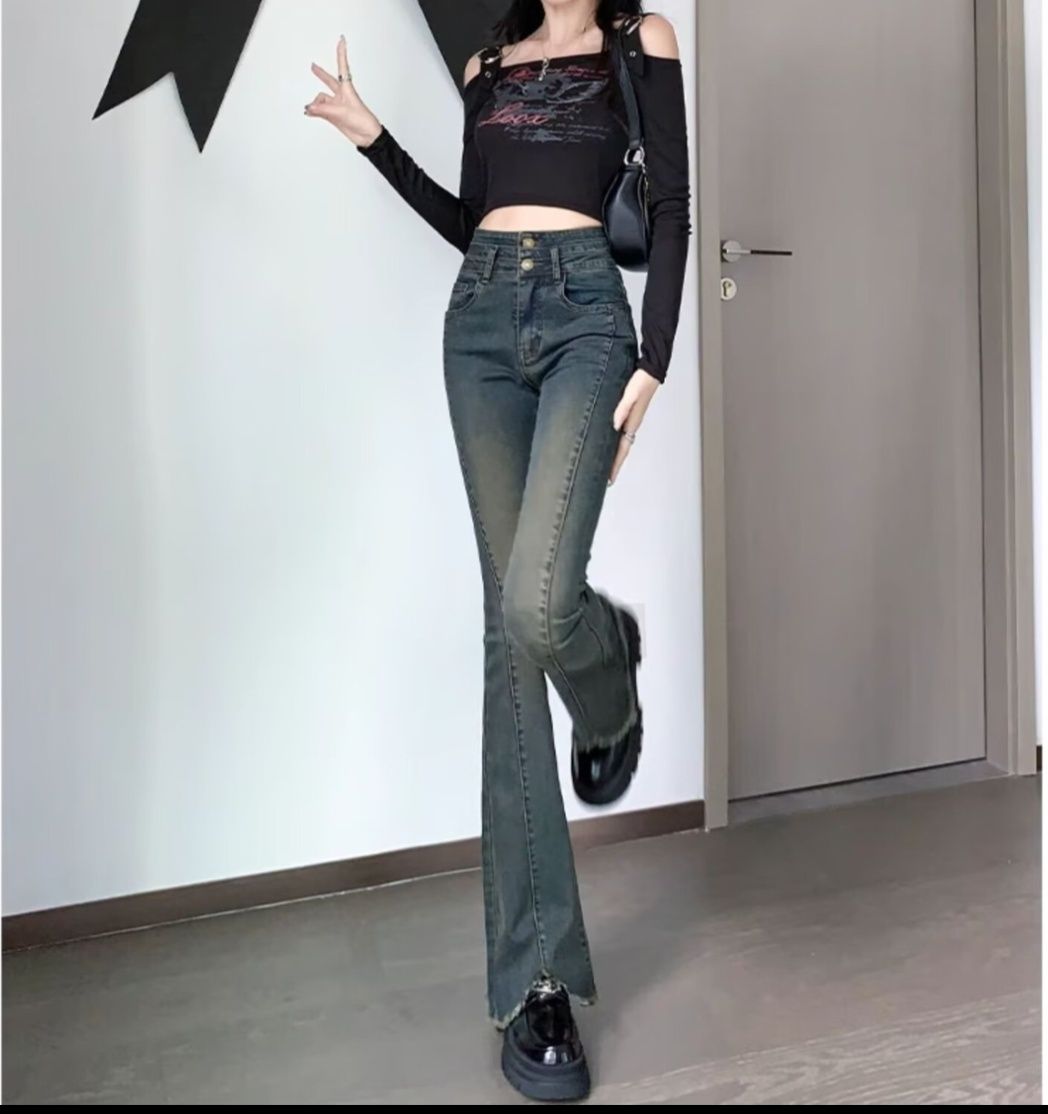 フレアパンツ 美脚効果抜群ハイウエスト広がり裾長め丈