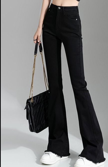 フレアパンツ 裾切りっぱなしハイウエストフレアデニムパンツ