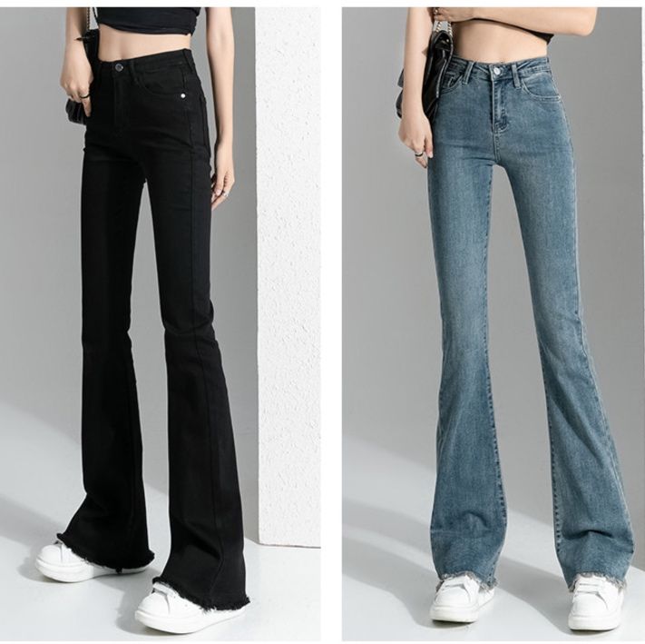 フレアパンツ 裾切りっぱなしハイウエストフレアデニムパンツ