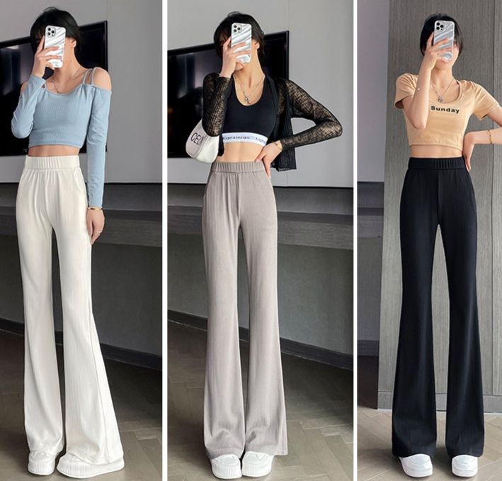 フレアパンツ リブ編みハイウエストフレアパンツ