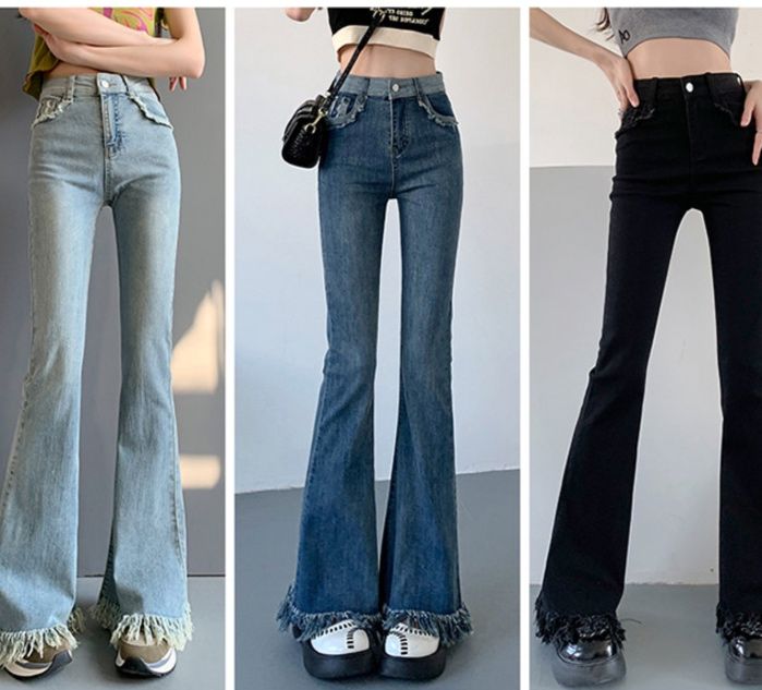 フレアパンツ 裾フリンジ加工ハイウエストフレアデニムパンツ