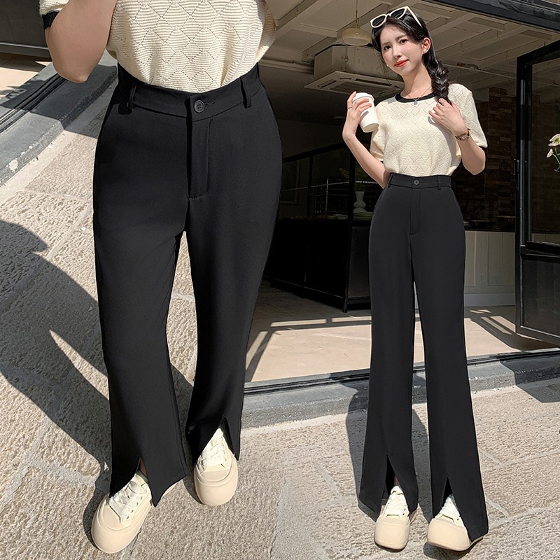 フレアパンツ 裾スリット入り美脚フレアスラックス