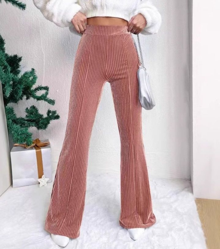 リブ編みハイウエストフレアパンツ