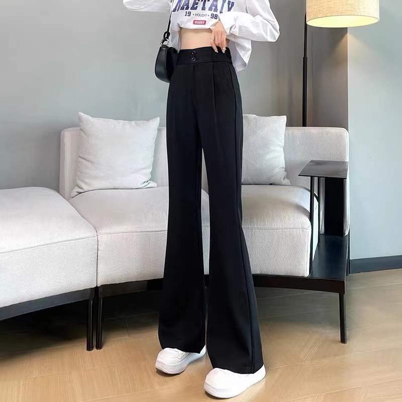 フレアパンツ 高ウエストダブルボタンフレアスーツパンツ