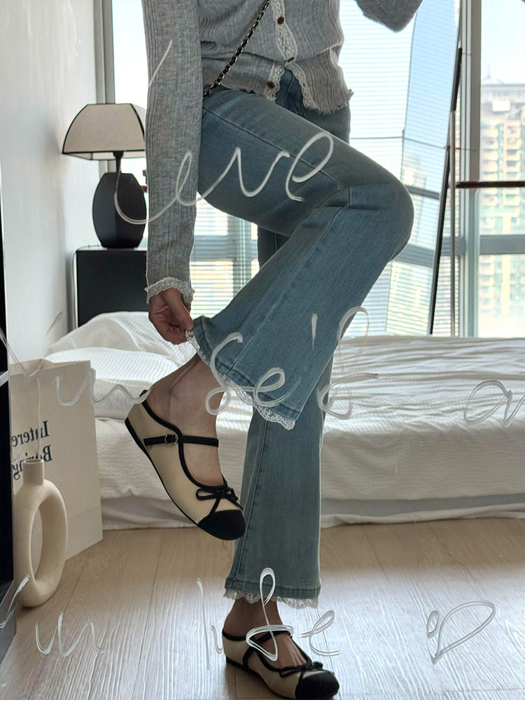 フレアパンツ レース裾フリルデニムフレア
