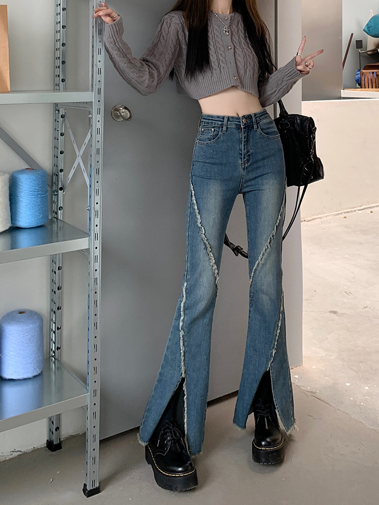 フレアパンツ 切替デザインフリンジ裾スリット入りフレアパンツ