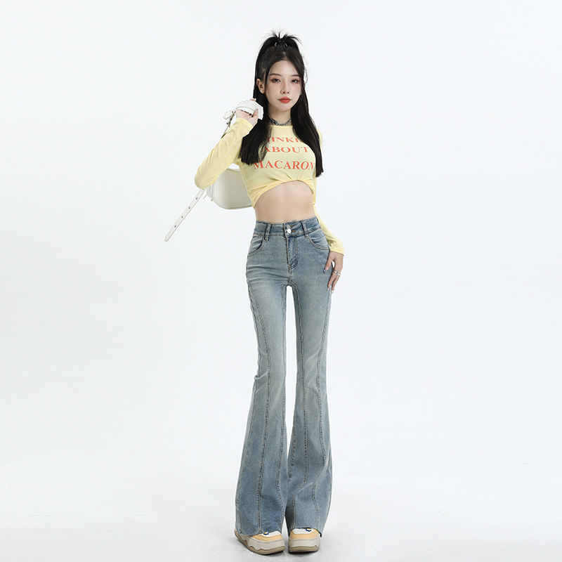 フレアパンツ 脚長効果抜群ハイウエストフレアデニムパンツ