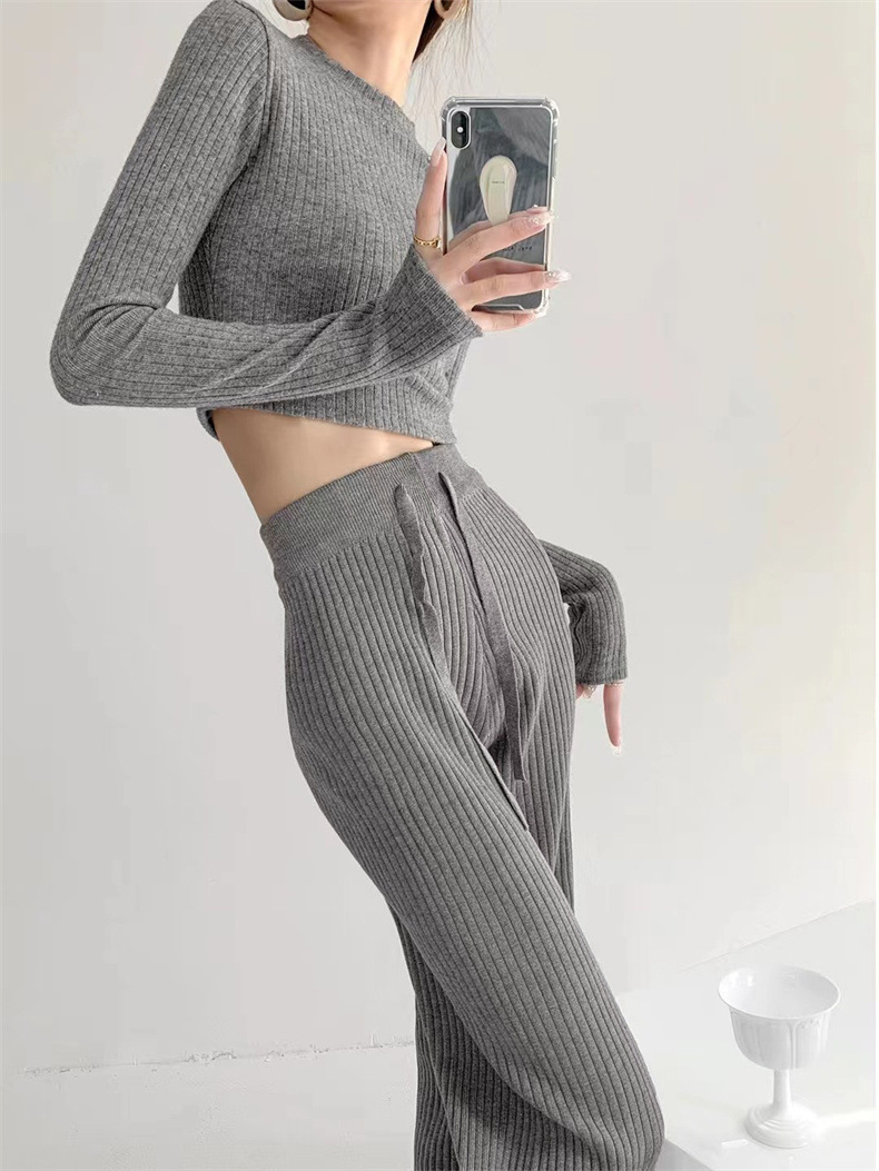 フレアパンツ 優美ニット縦リブフレアパンツ