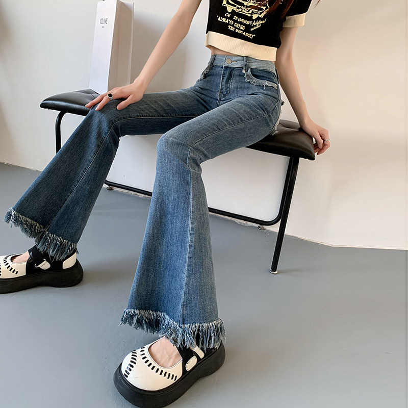 フレアパンツ 裾フリンジ加工ハイウエストフレアデニムパンツ