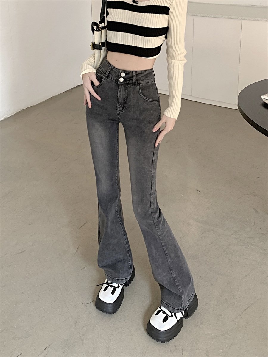 フレアパンツ 復刻風ハイウエスト裾広がりデニムパンツ