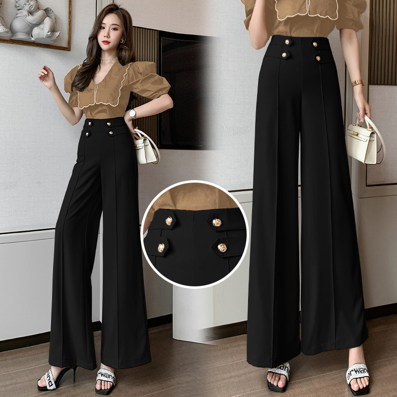 フレアパンツ 装飾ボタン付きハイウエストフレアスラックス