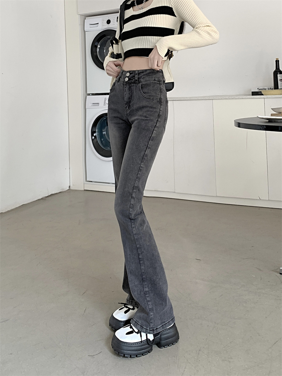 フレアパンツ 復刻風ハイウエスト裾広がりデニムパンツ