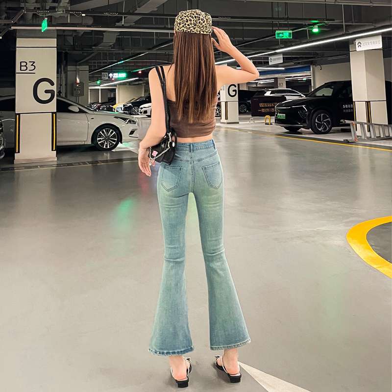 フレアパンツ 裾パール装飾フレア美脚デニムパンツ