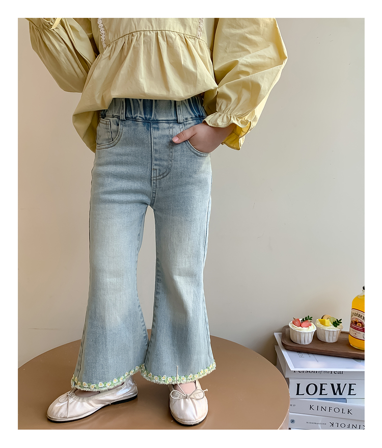 フレアパンツ レース縁取りフレアデニムパンツ