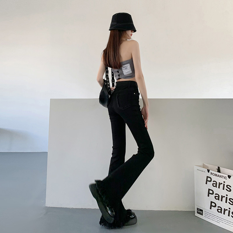 フレアパンツ 裾フリンジ加工ハイウエストフレアデニムパンツ