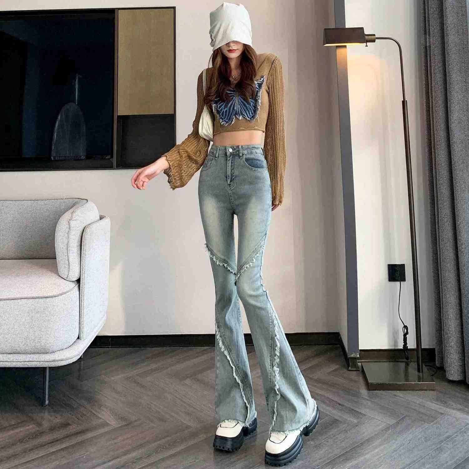 フレアパンツ 切り替えデザインハイウエストフレアデニムパンツ