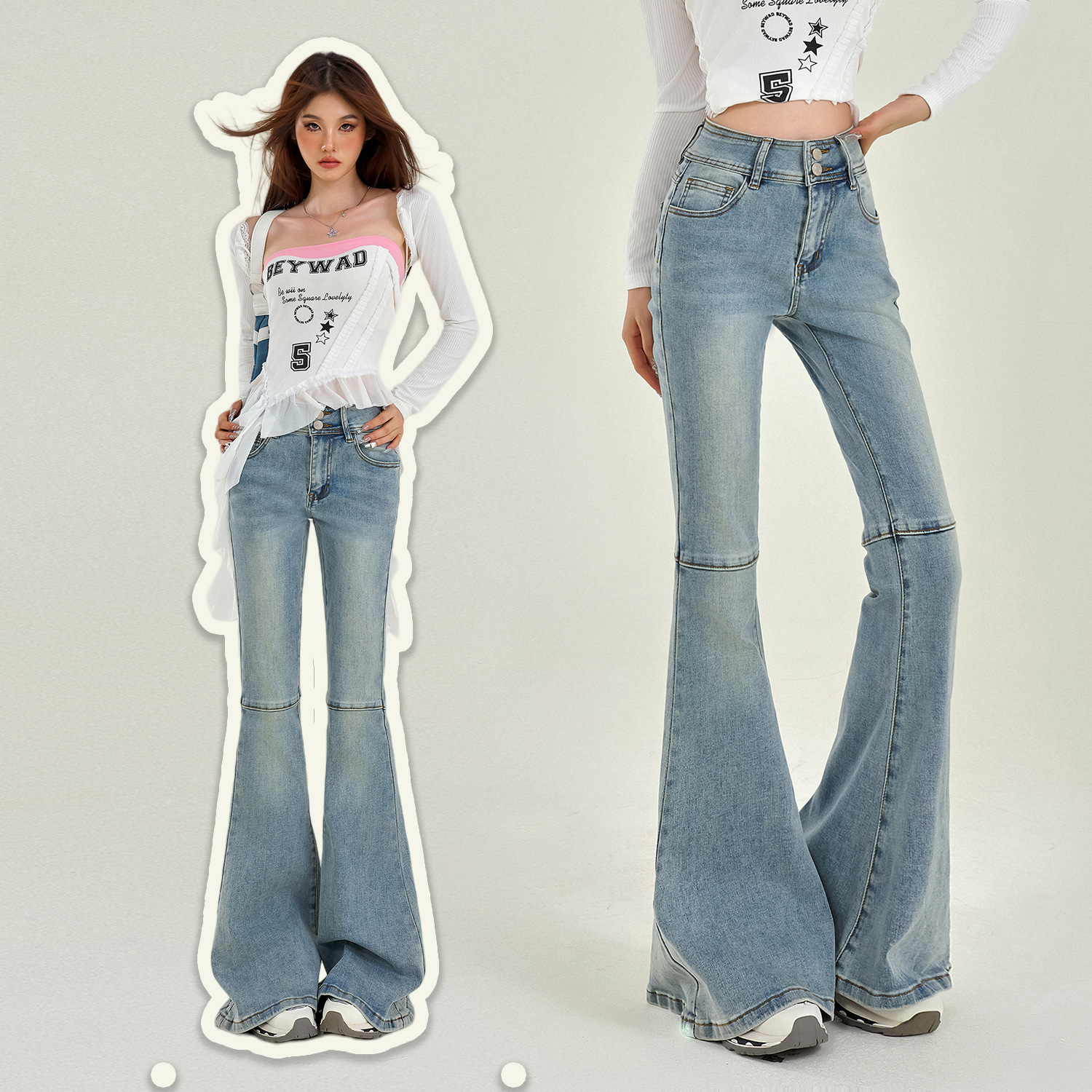 フレアパンツ 膝切替ステッチ入り裾広がりフレアデニムパンツ