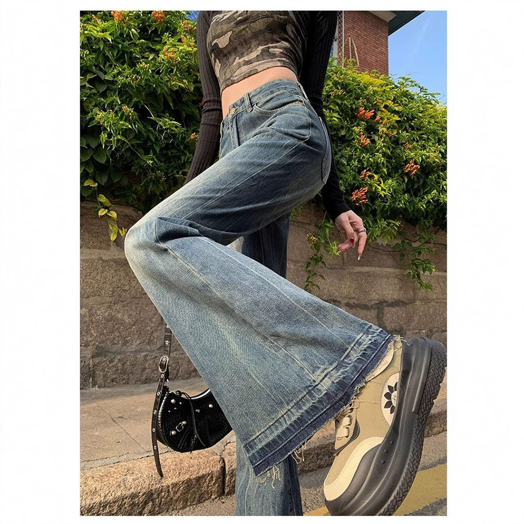 フレアパンツ ヴィンテージ風ワイドフレア長丈デニムパンツ