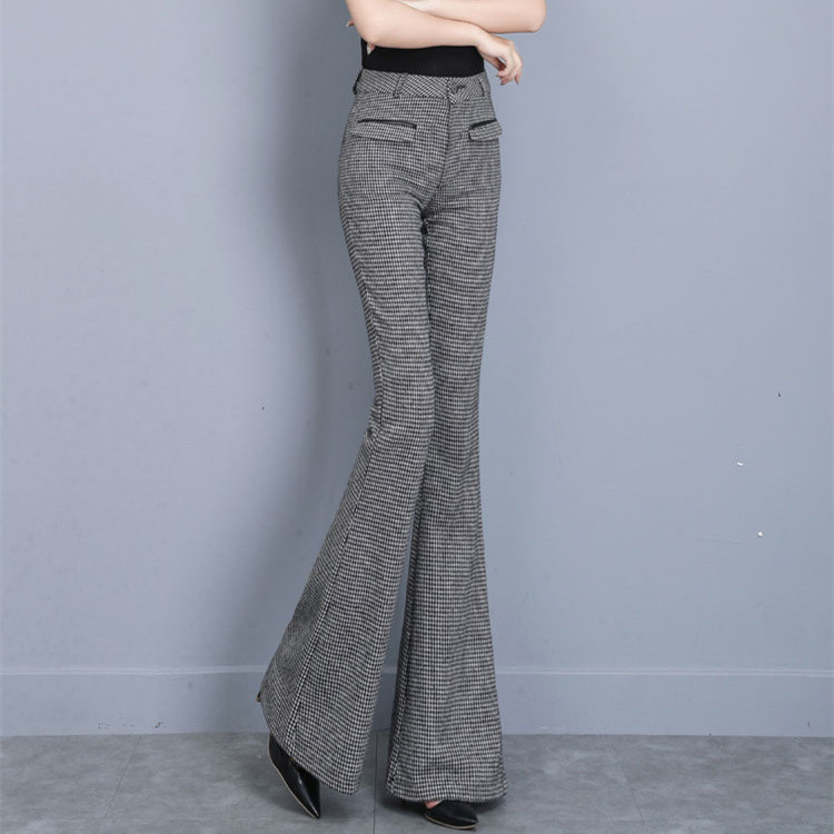 フレアパンツ 格子縞ハイウエストスラックス レトロフレア美脚パンツ