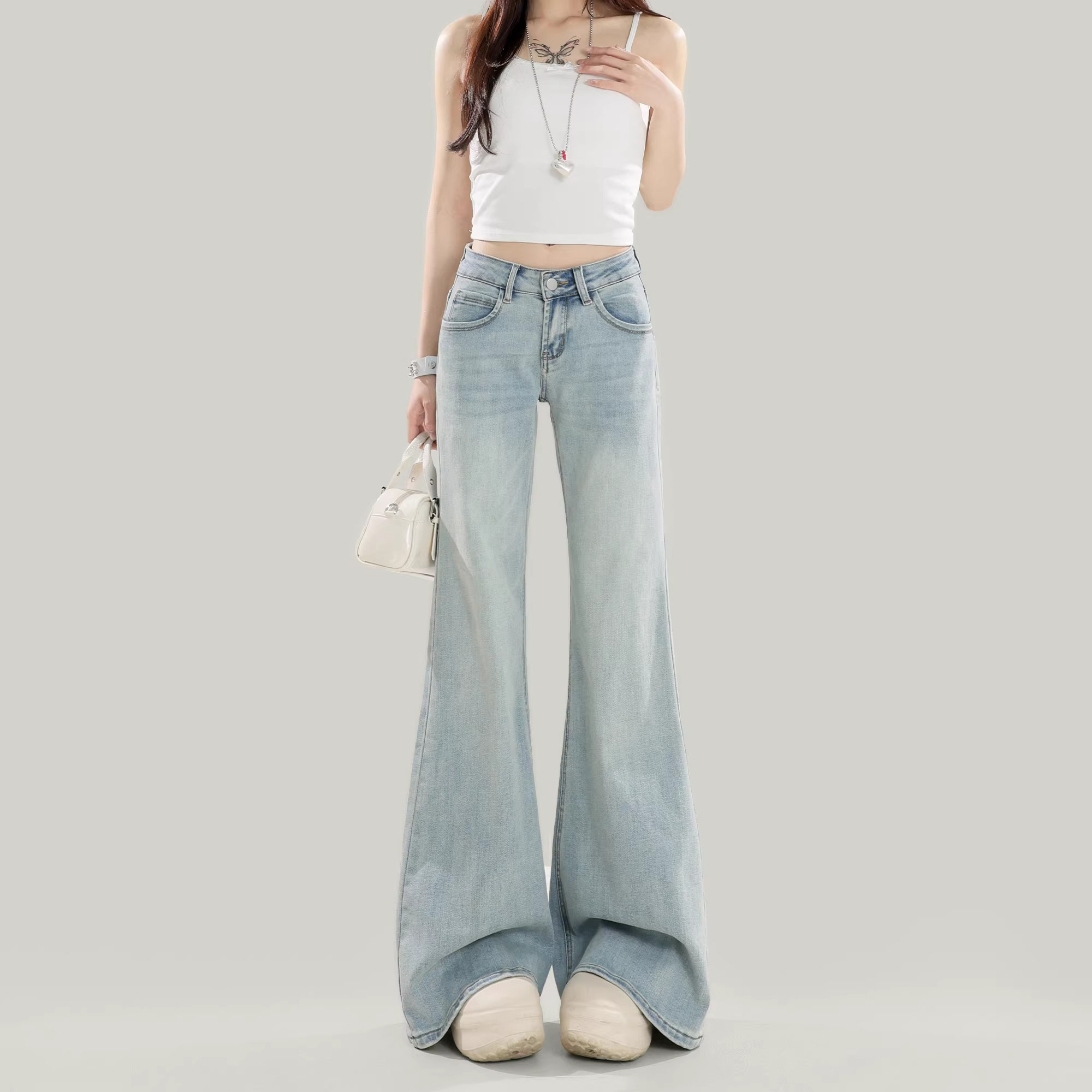 フレアパンツ ヴィンテージ風ワイドフレア美脚長め丈デニムパンツ