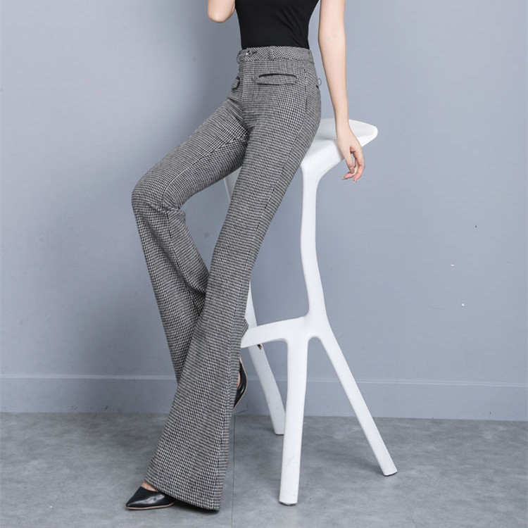 フレアパンツ 格子縞ハイウエストスラックス レトロフレア美脚パンツ