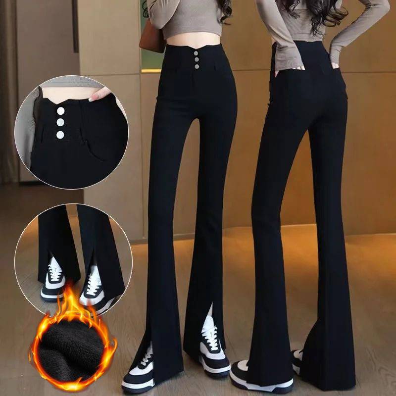 フレアパンツ 裏起毛ハイウエスト三つボタンフレアパンツ