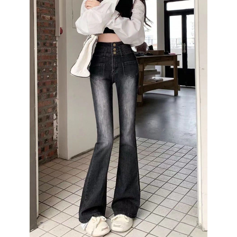 フレアパンツ 三つ釦ハイウエストフレアデニムパンツ