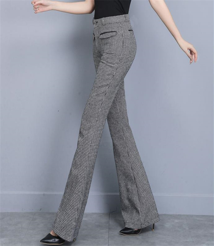 フレアパンツ 格子縞ハイウエストスラックス レトロフレア美脚パンツ