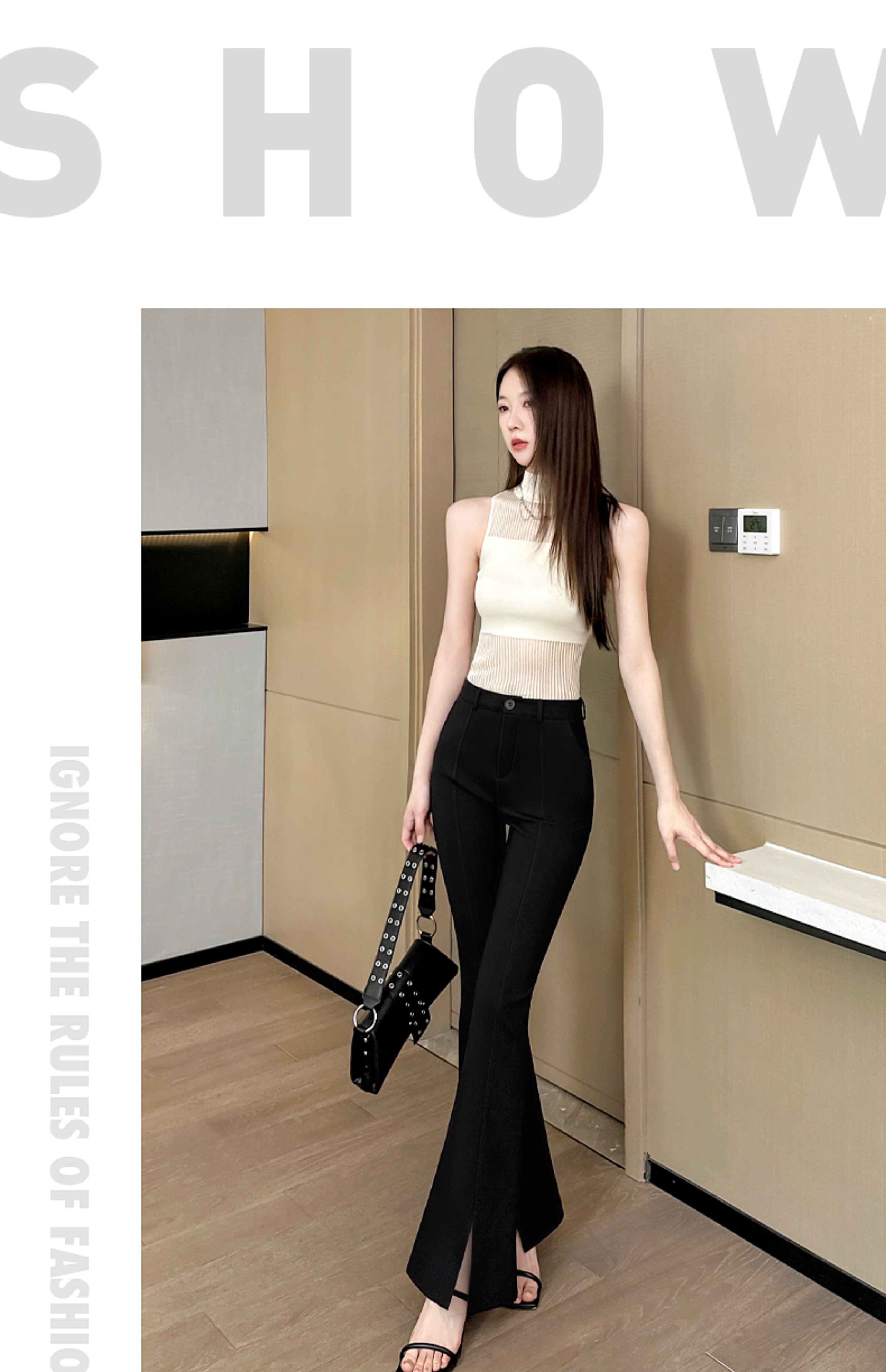 フレアパンツ 裾スリット入り美脚フレアスラックス