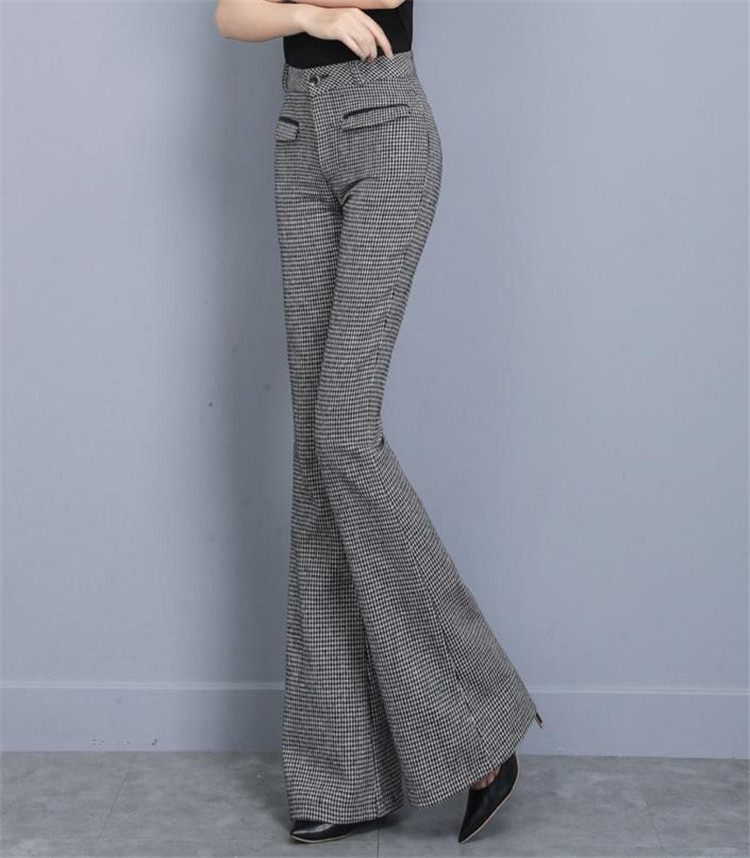 フレアパンツ 格子縞ハイウエストスラックス レトロフレア美脚パンツ