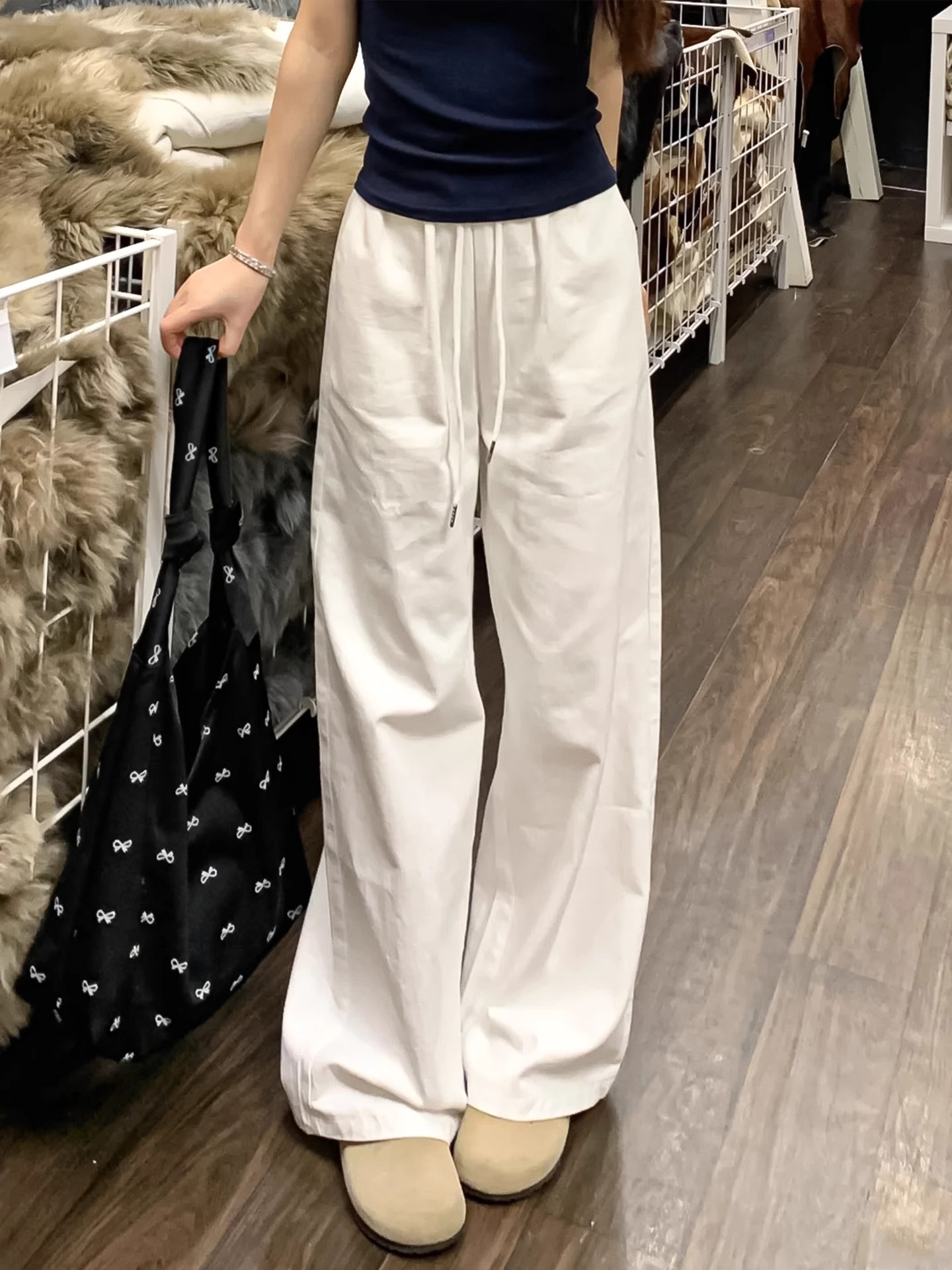フレアパンツ ウエスト紐付きワイドフレアパンツ