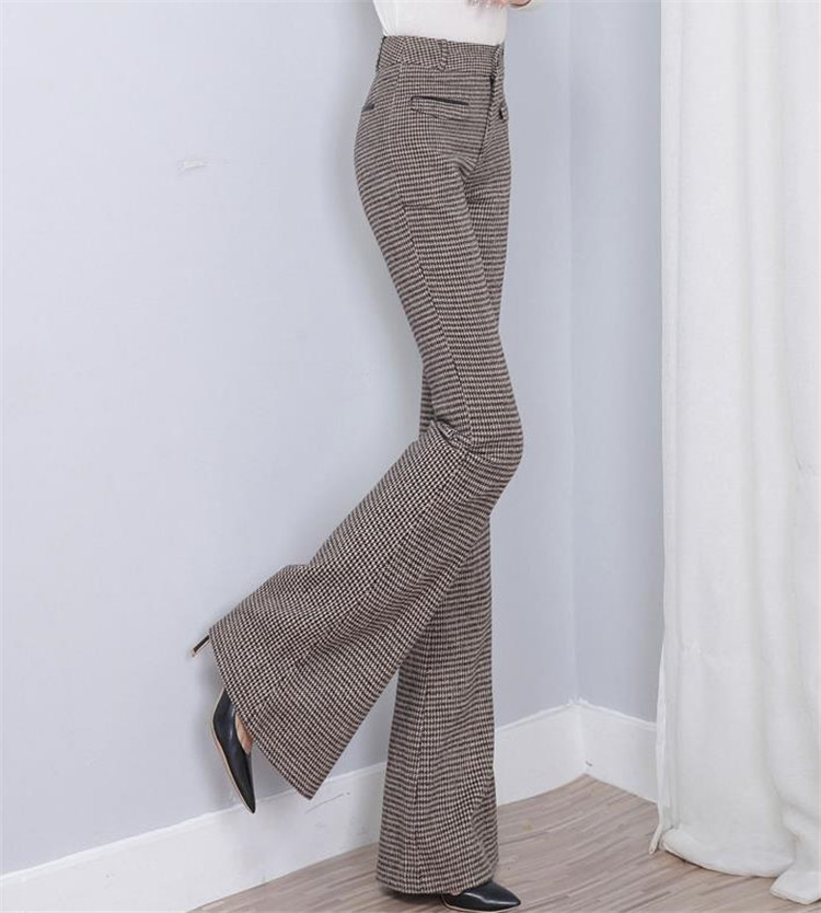 フレアパンツ 格子縞ハイウエストスラックス レトロフレア美脚パンツ